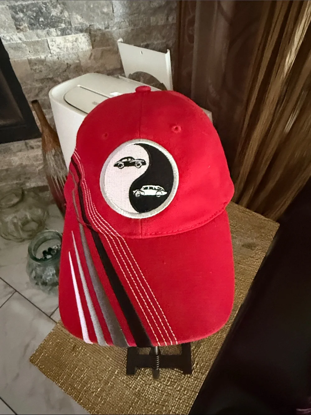 Red Kids Baseball Cap with Yin Yang Car Emblem